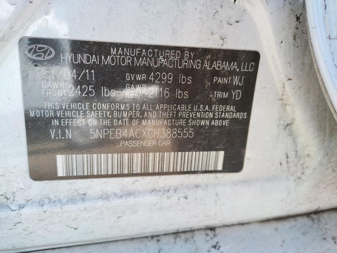 Photo 10 from auction – 2012 HYUNDAI SONATA SE with VIN 5NPEB4ACXCH388555