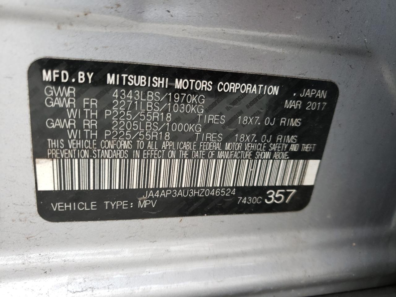 Photo 10 from auction – 2017 MITSUBISHI OUTLANDER with VIN JA4AP3AU3HZ046524