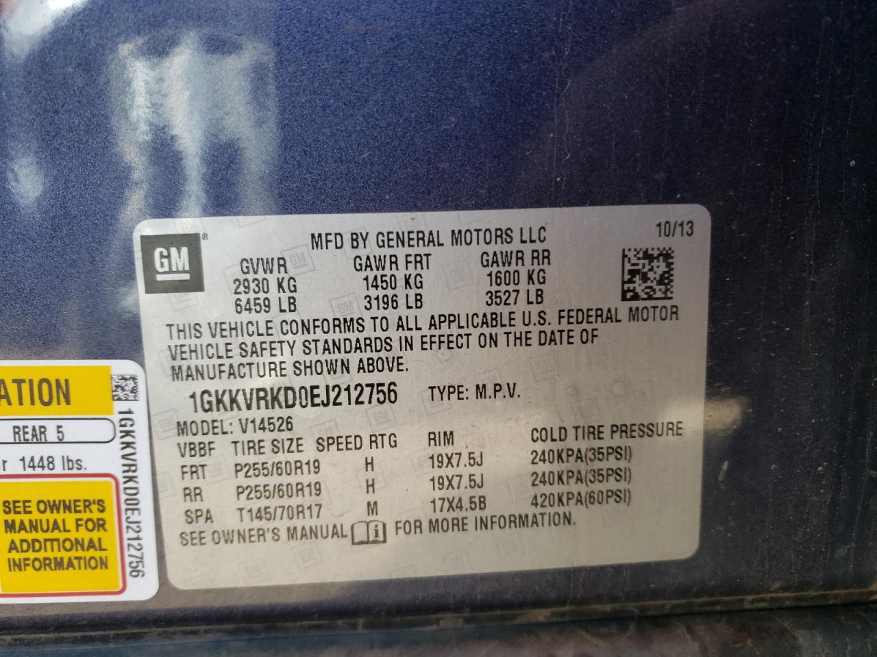 Photo 10 from auction – 2014 GMC ACADIA SLT with VIN 1GKKVRKD0EJ212756