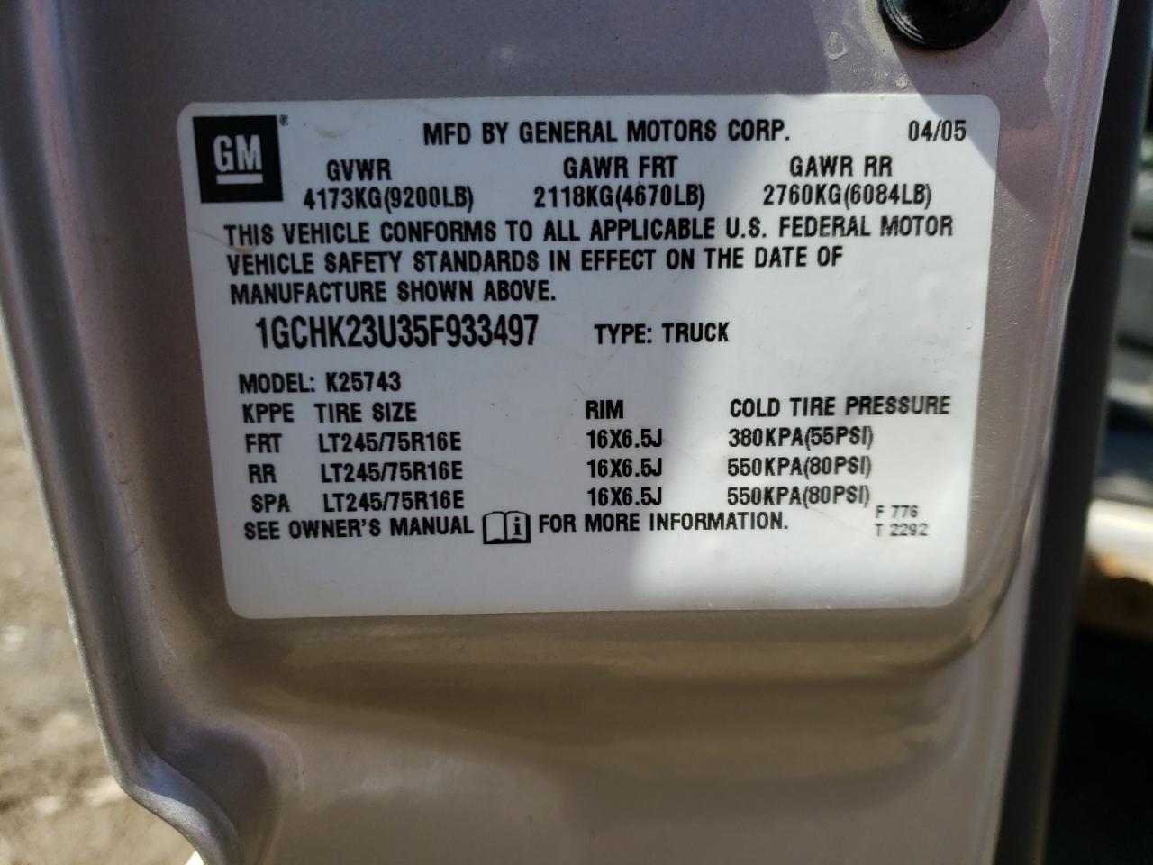 Photo 10 from auction – 2005 CHEVROLET SILVERADO with VIN 1GCHK23U35F933497