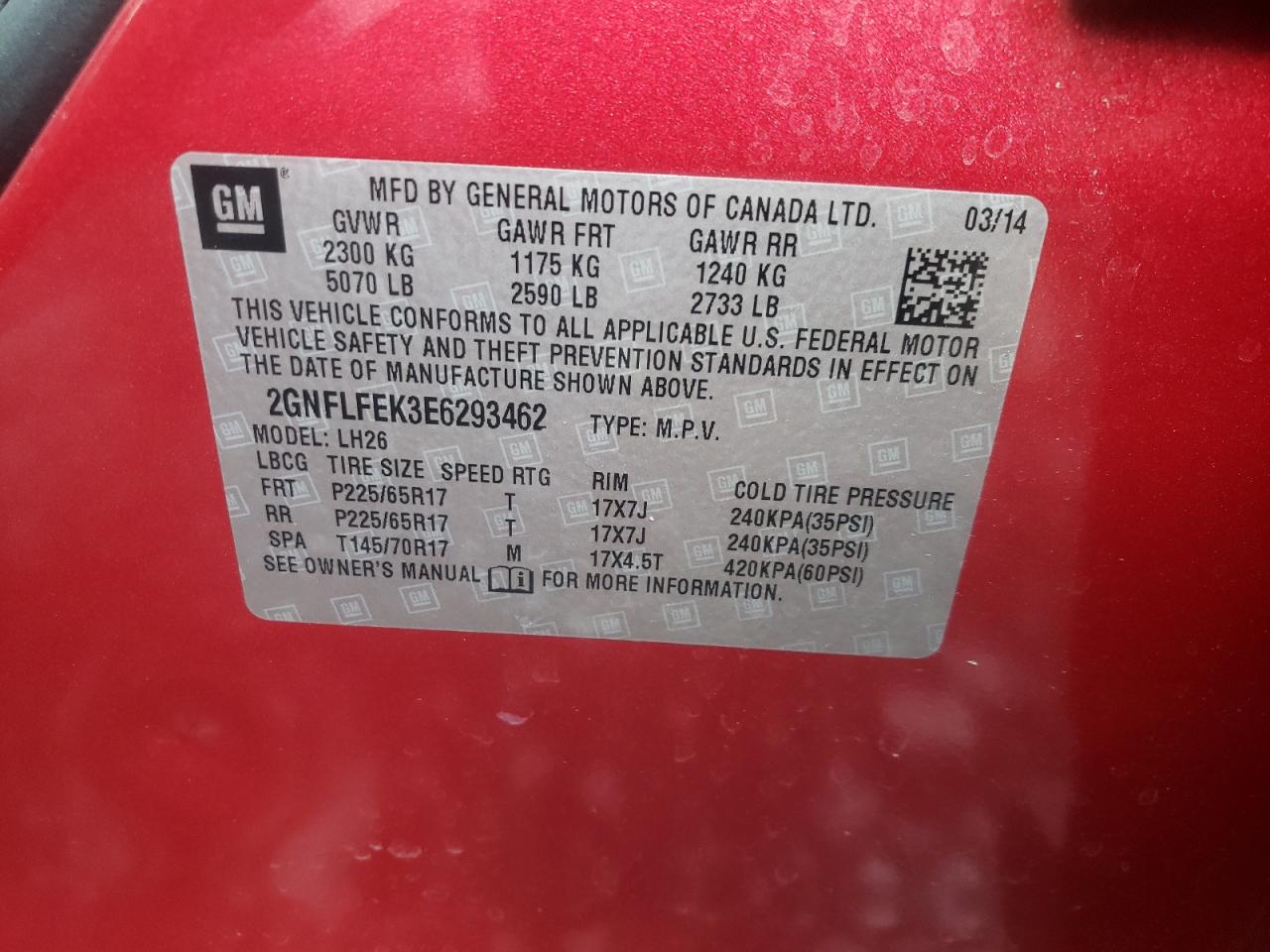 Photo 10 from auction – 2014 CHEVROLET EQUINOX LT with VIN 2GNFLFEK3E6293462