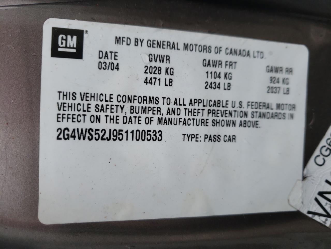 Photo 10 from auction – 2005 BUICK CENTURY CU with VIN 2G4WS52J951100533