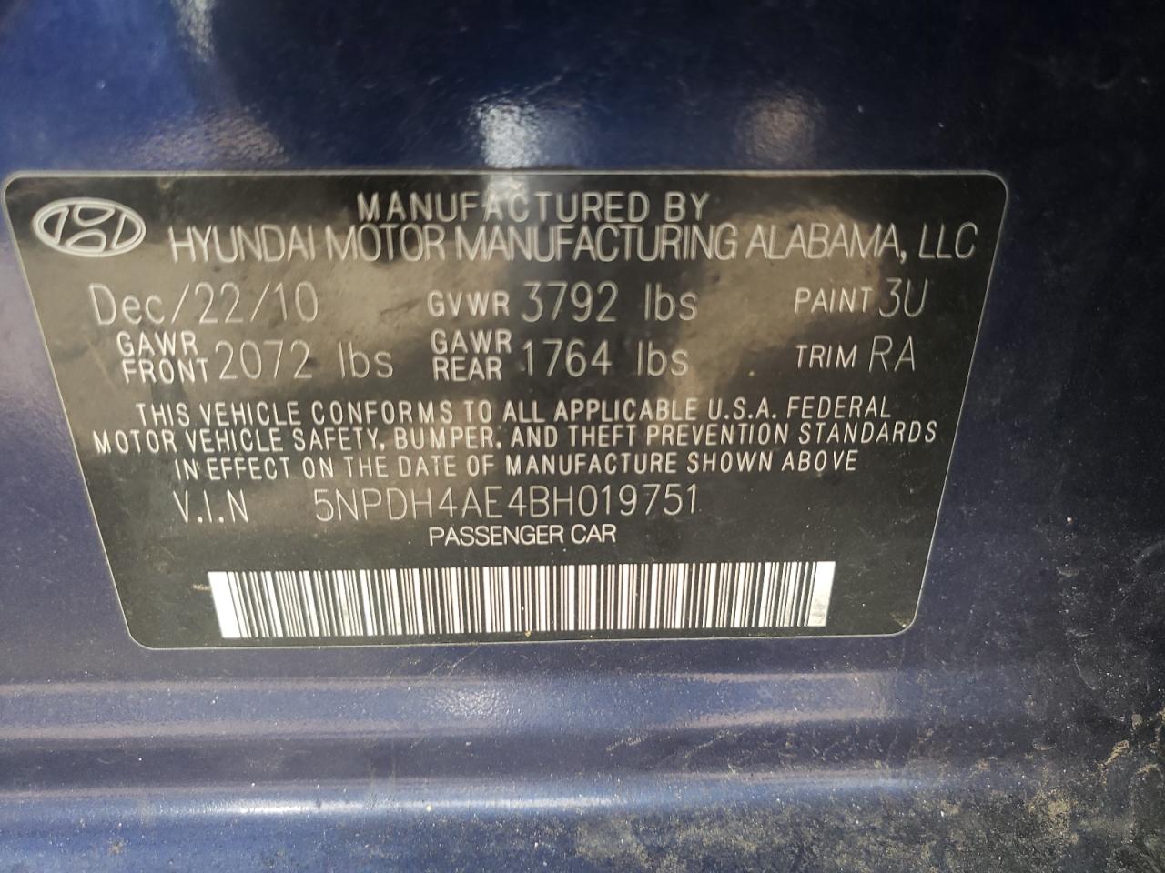 Photo 10 from auction – 2011 HYUNDAI ELANTRA GL with VIN 5NPDH4AE4BH019751
