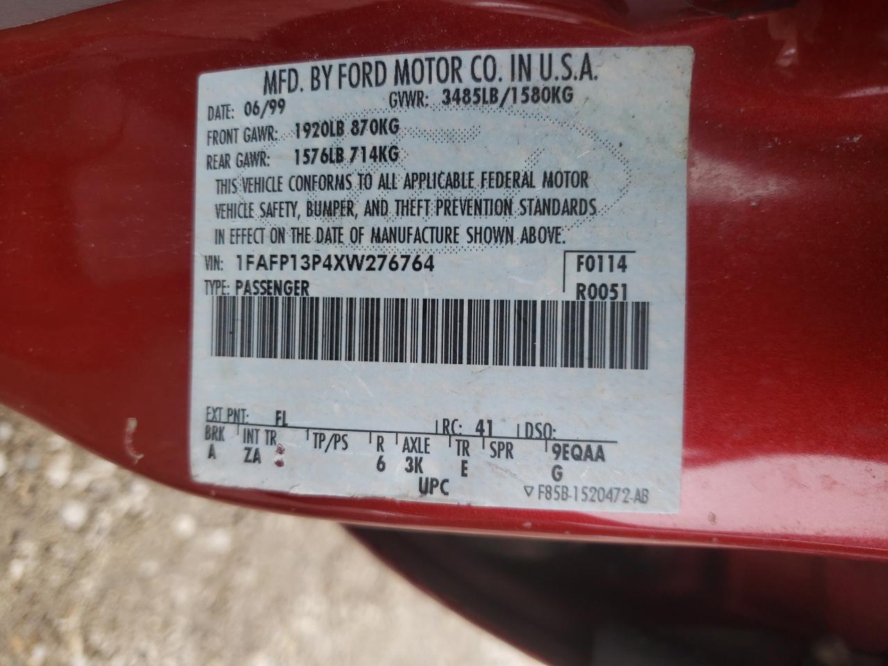 Photo 10 from auction – 1999 FORD ESCORT SE with VIN 1FAFP13P4XW276764