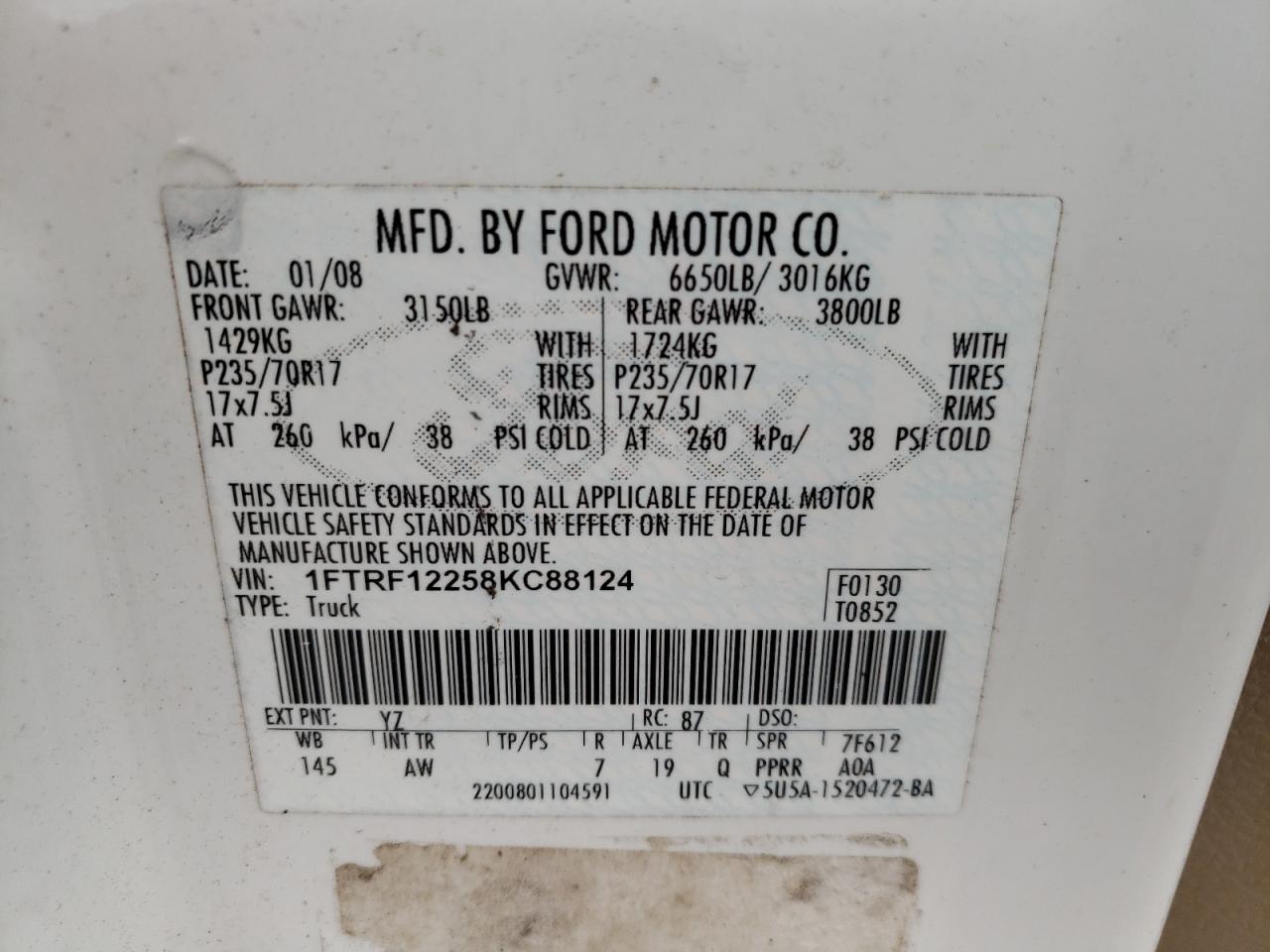 Photo 10 from auction – 2008 FORD F150 with VIN 1FTRF12258KC88124