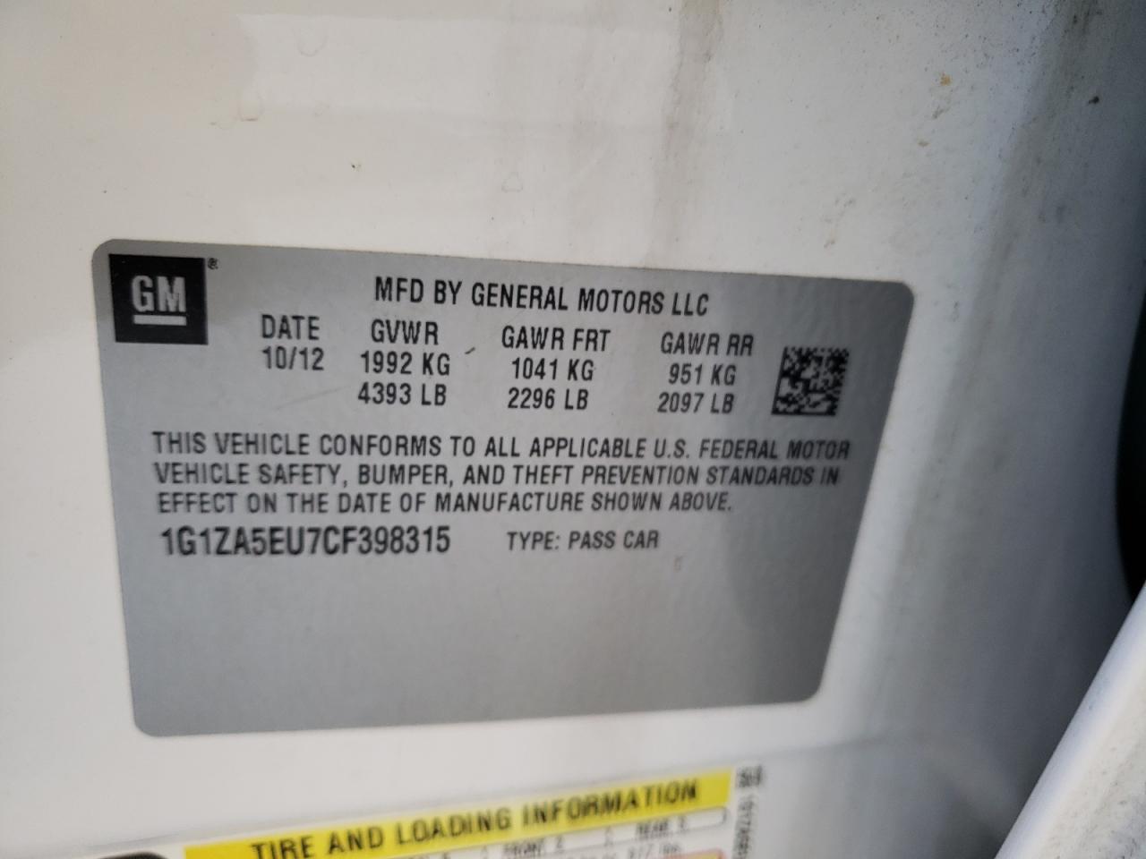Photo 10 from auction – 2012 CHEVROLET MALIBU LS with VIN 1G1ZA5EU7CF398315