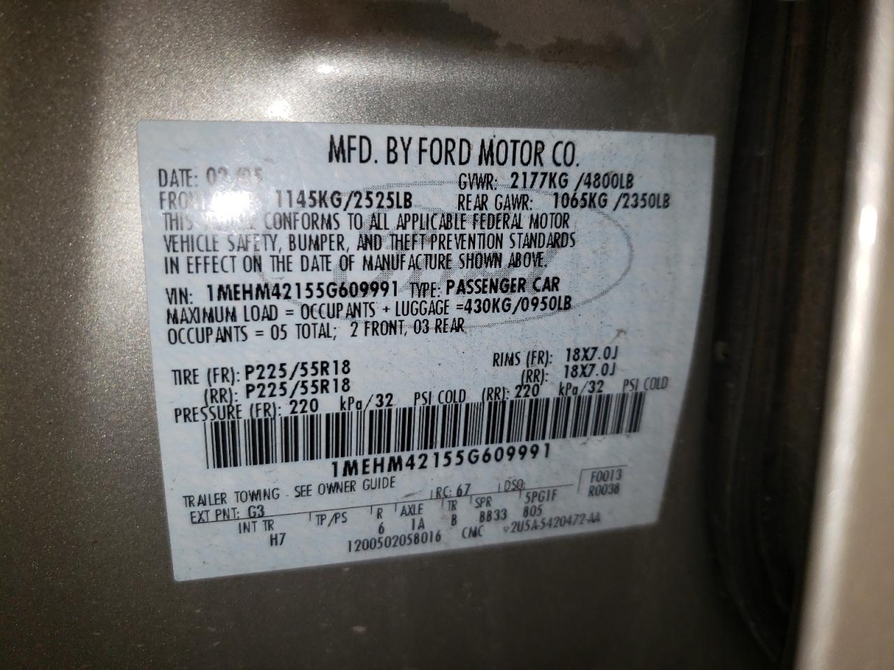 Photo 10 from auction – 2005 MERCURY MONTEGO PR with VIN 1MEHM42155G609991