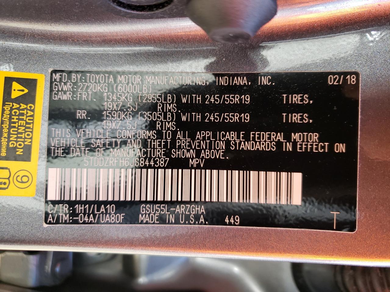 Photo 10 from auction – 2018 TOYOTA HIGHLANDER with VIN 5TDDZRFH6JS844387