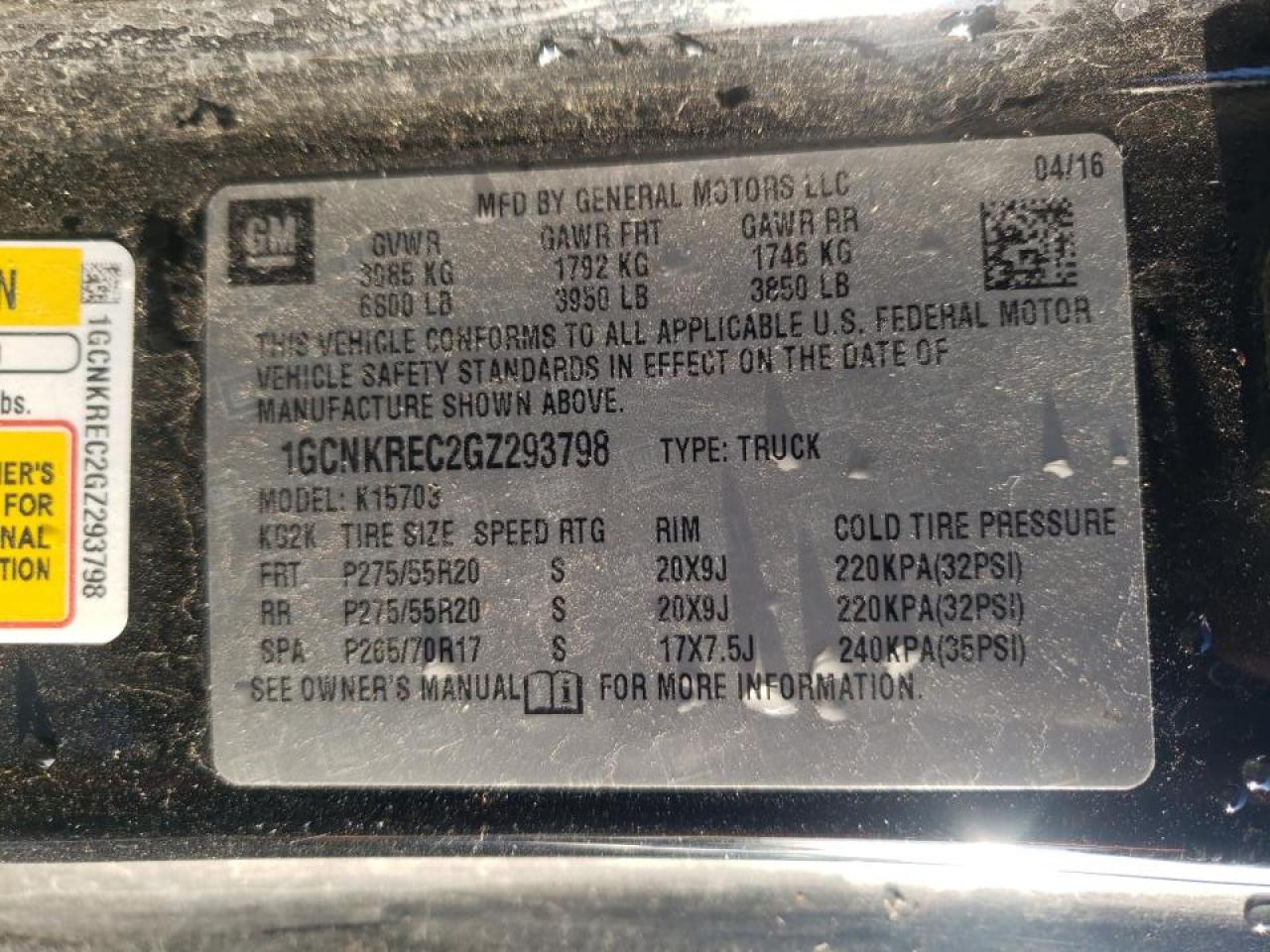 Photo 10 from auction – 2016 CHEVROLET SILVERADO with VIN 1GCNKREC2GZ293798