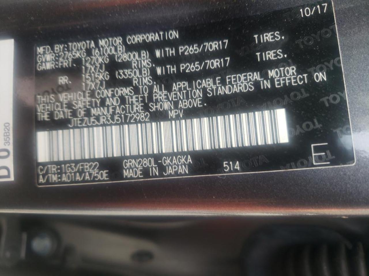 Photo 10 from auction – 2018 TOYOTA 4RUNNER SR with VIN JTEZU5JR3J5172982