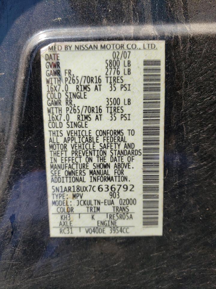 Photo 10 from auction – 2007 NISSAN PATHFINDER with VIN 5N1AR18UX7C636792