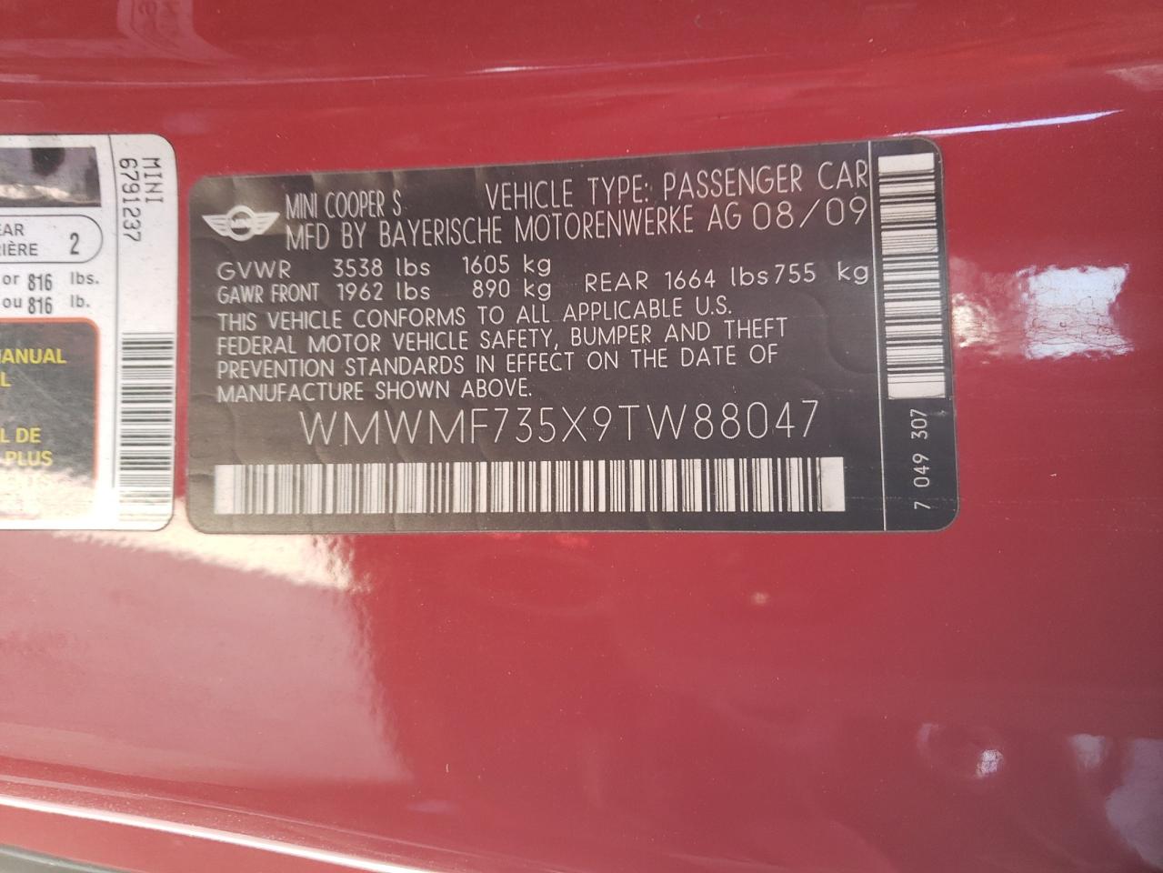 Photo 10 from auction – 2009 MINI COOPER S with VIN WMWMF735X9TW88047