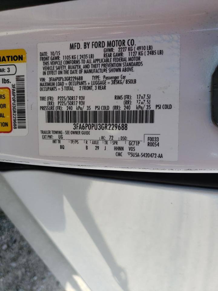 Photo 10 from auction – 2016 FORD FUSION SE with VIN 3FA6P0PU3GR229688