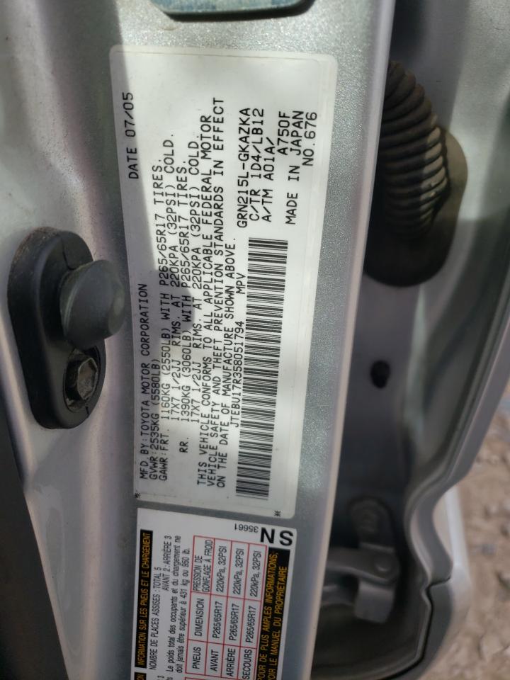 Photo 10 from auction – 2005 TOYOTA 4RUNNER LI with VIN JTEBU17R358051794