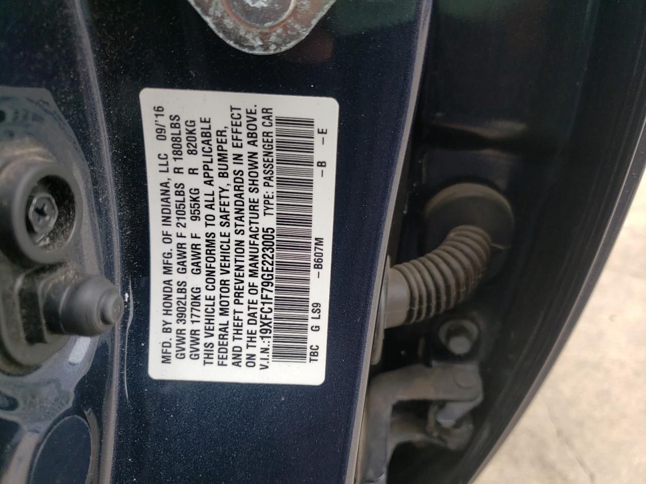 Photo 10 from auction – 2016 HONDA CIVIC EXL with VIN 19XFC1F79GE223005