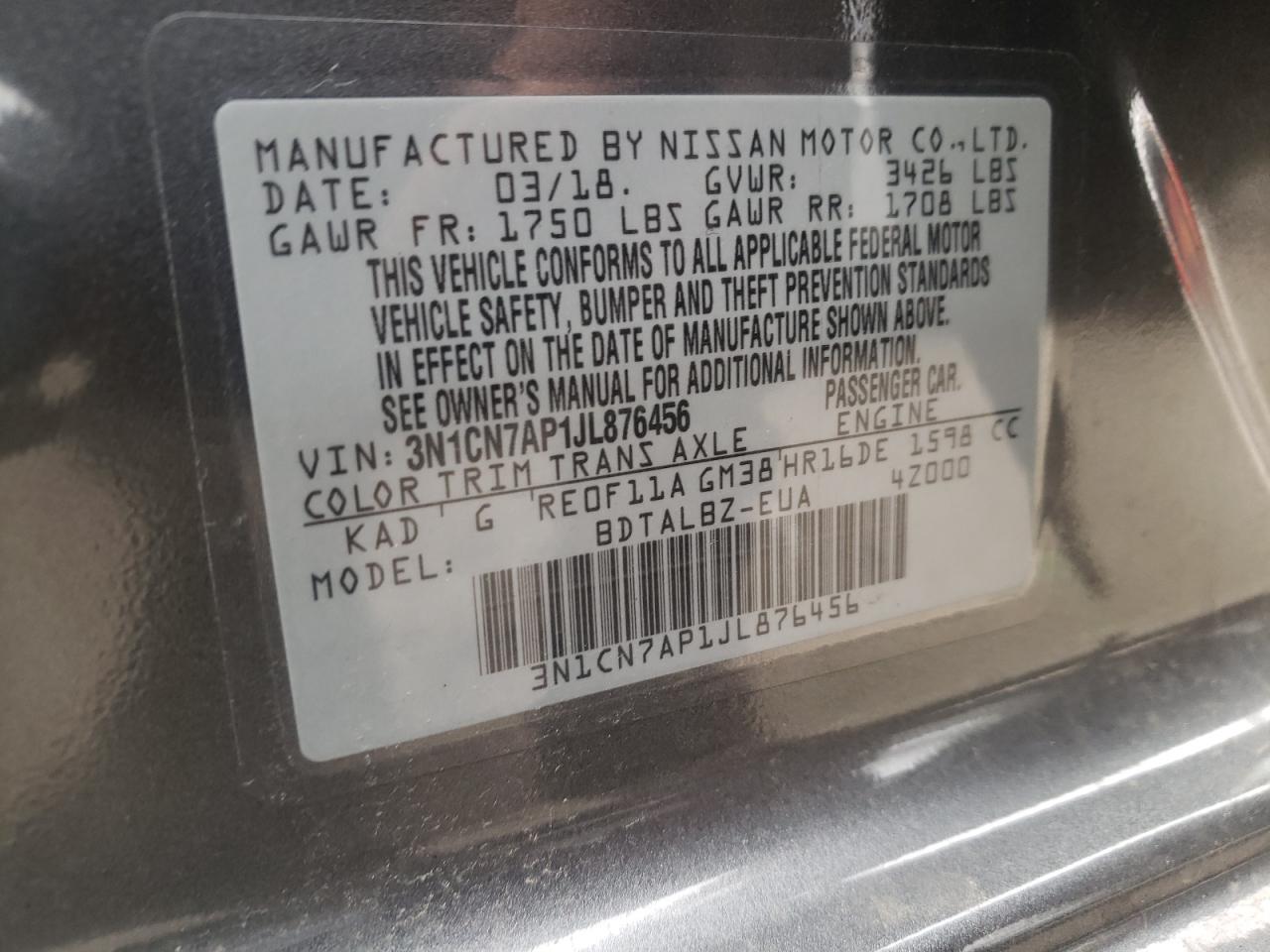 Photo 10 from auction – 2018 NISSAN VERSA S with VIN 3N1CN7AP1JL876456