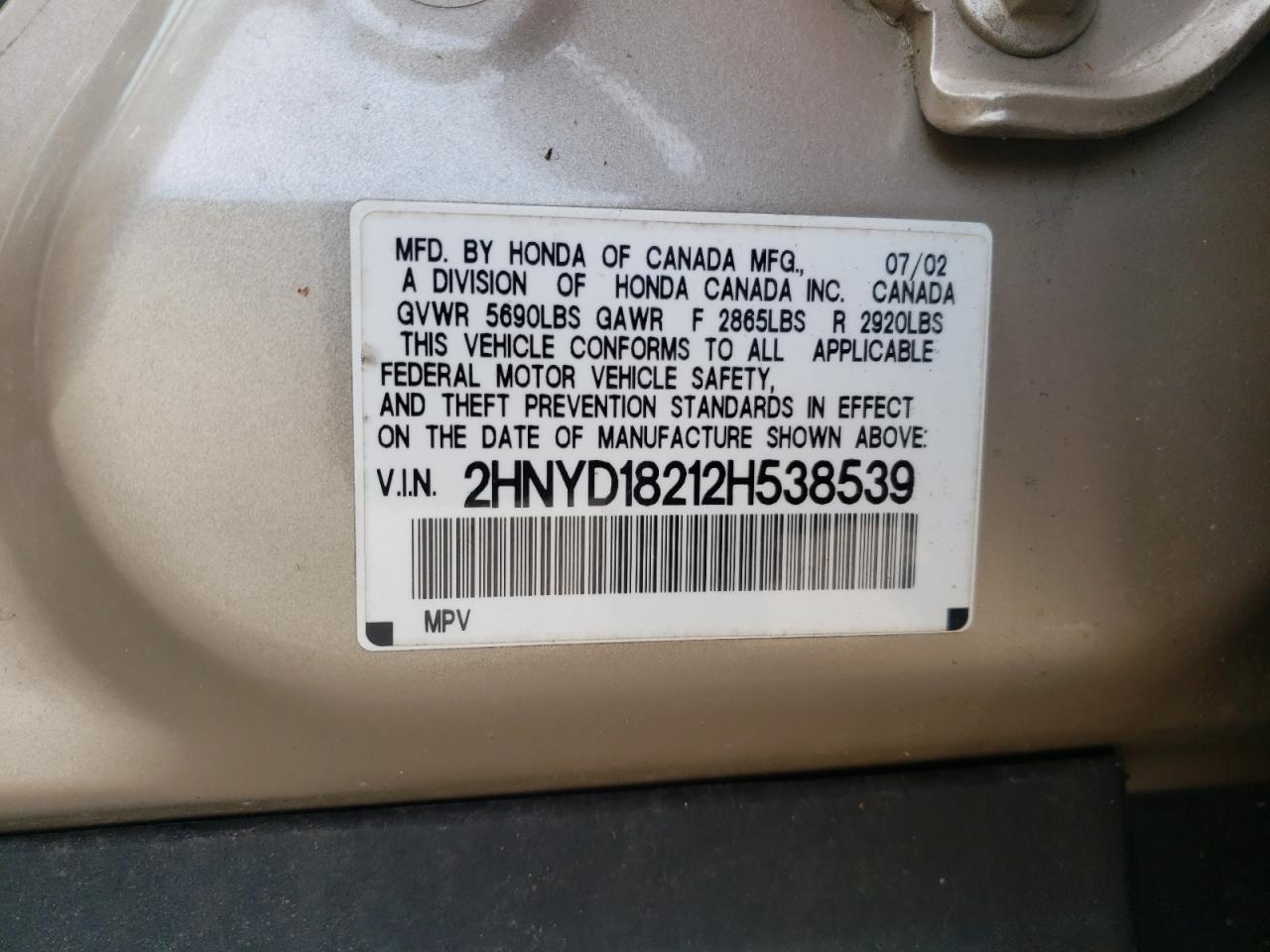 Photo 10 from auction – 2002 ACURA MDX with VIN 2HNYD18212H538539
