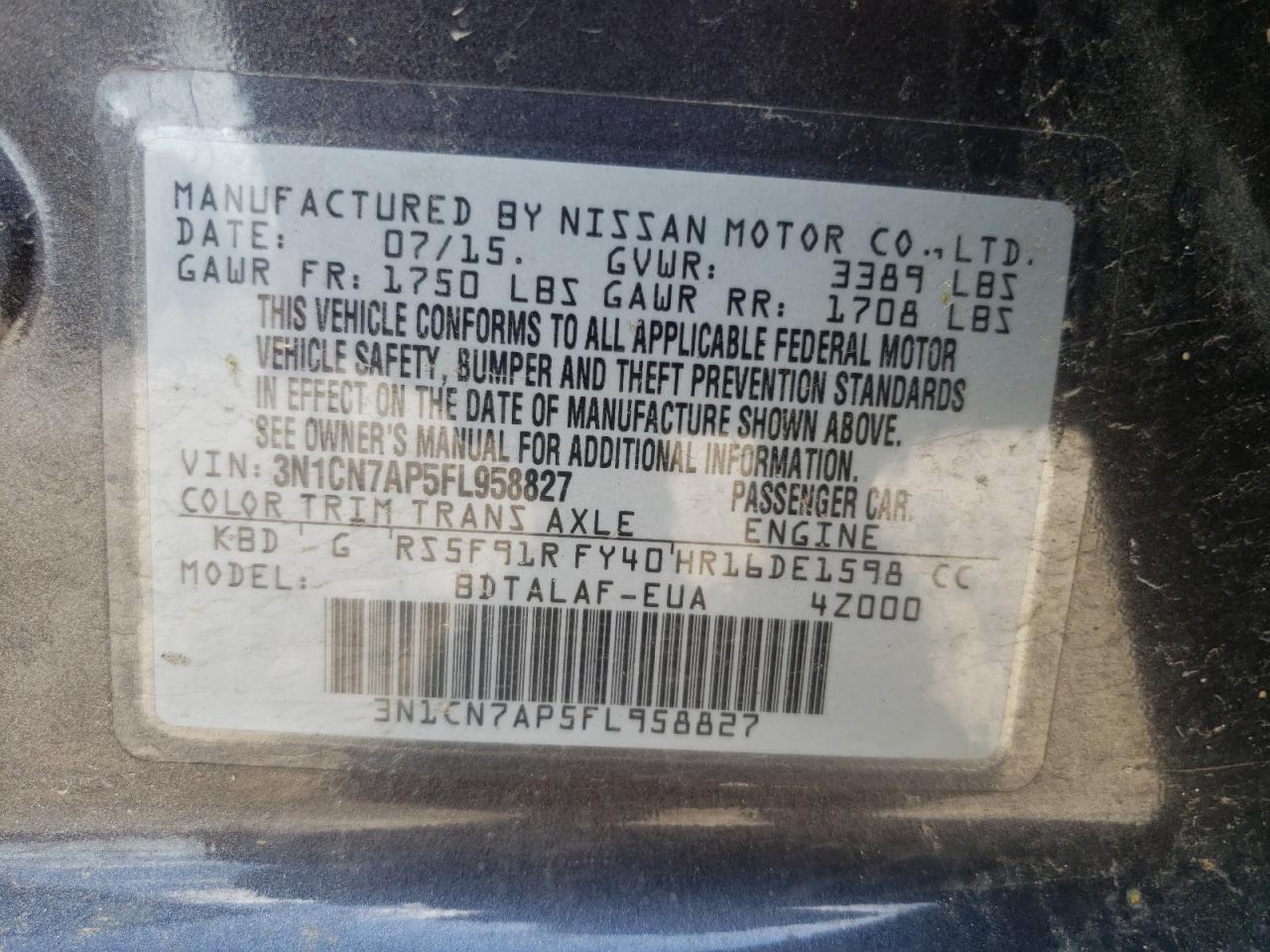 Photo 10 from auction – 2015 NISSAN VERSA S with VIN 3N1CN7AP5FL958827