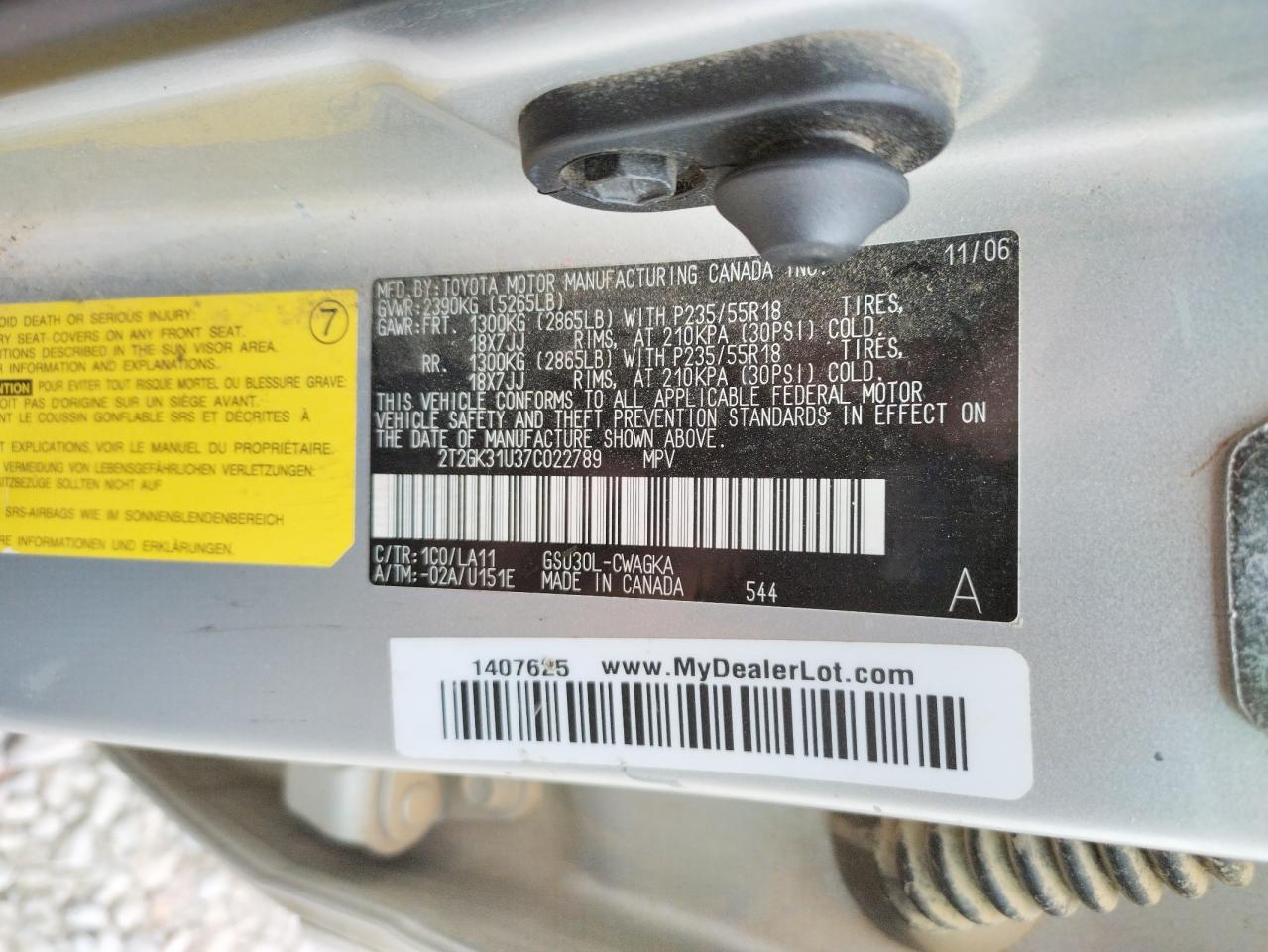 Photo 10 from auction – 2007 LEXUS RX 350 with VIN 2T2GK31U37C022789