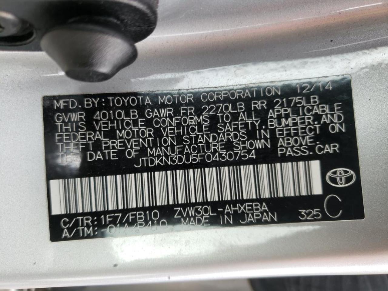 Photo 10 from auction – 2015 TOYOTA PRIUS with VIN JTDKN3DU5F0430754