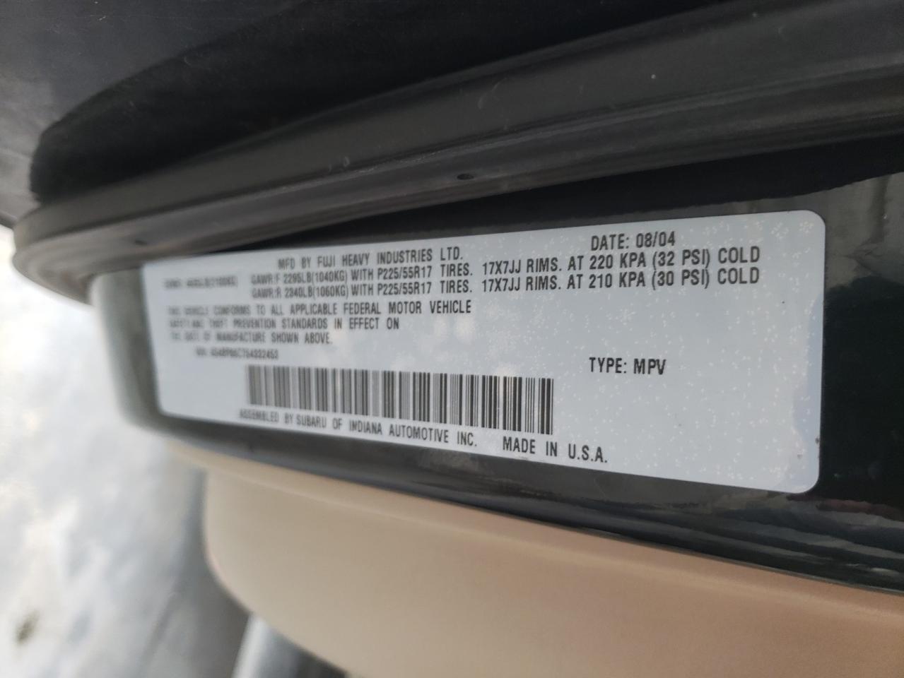 Photo 10 from auction – 2005 SUBARU LEGACY OUT with VIN 4S4BP86C754332453