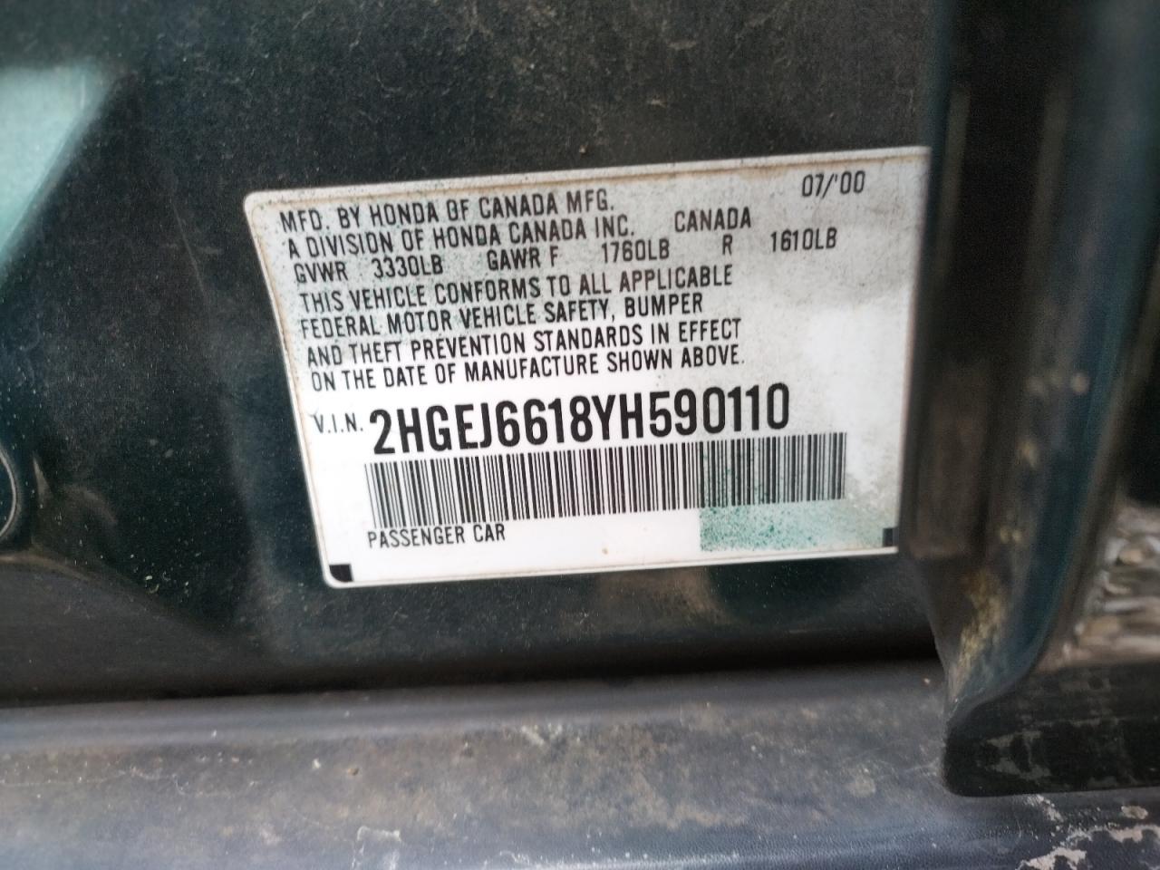 Photo 10 from auction – 2000 HONDA CIVIC BASE with VIN 2HGEJ6618YH590110