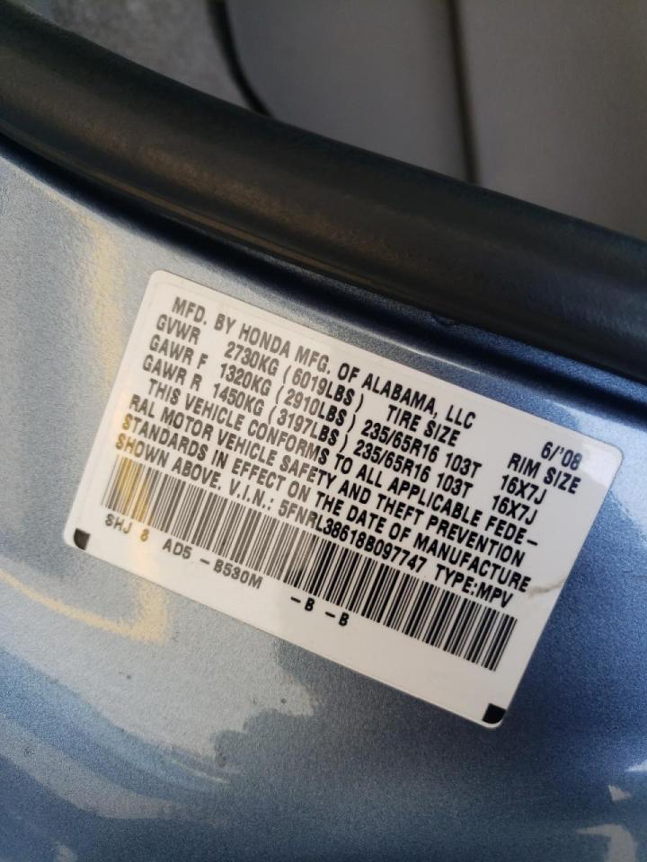 Photo 10 from auction – 2008 HONDA ODYSSEY EX with VIN 5FNRL38618B097747