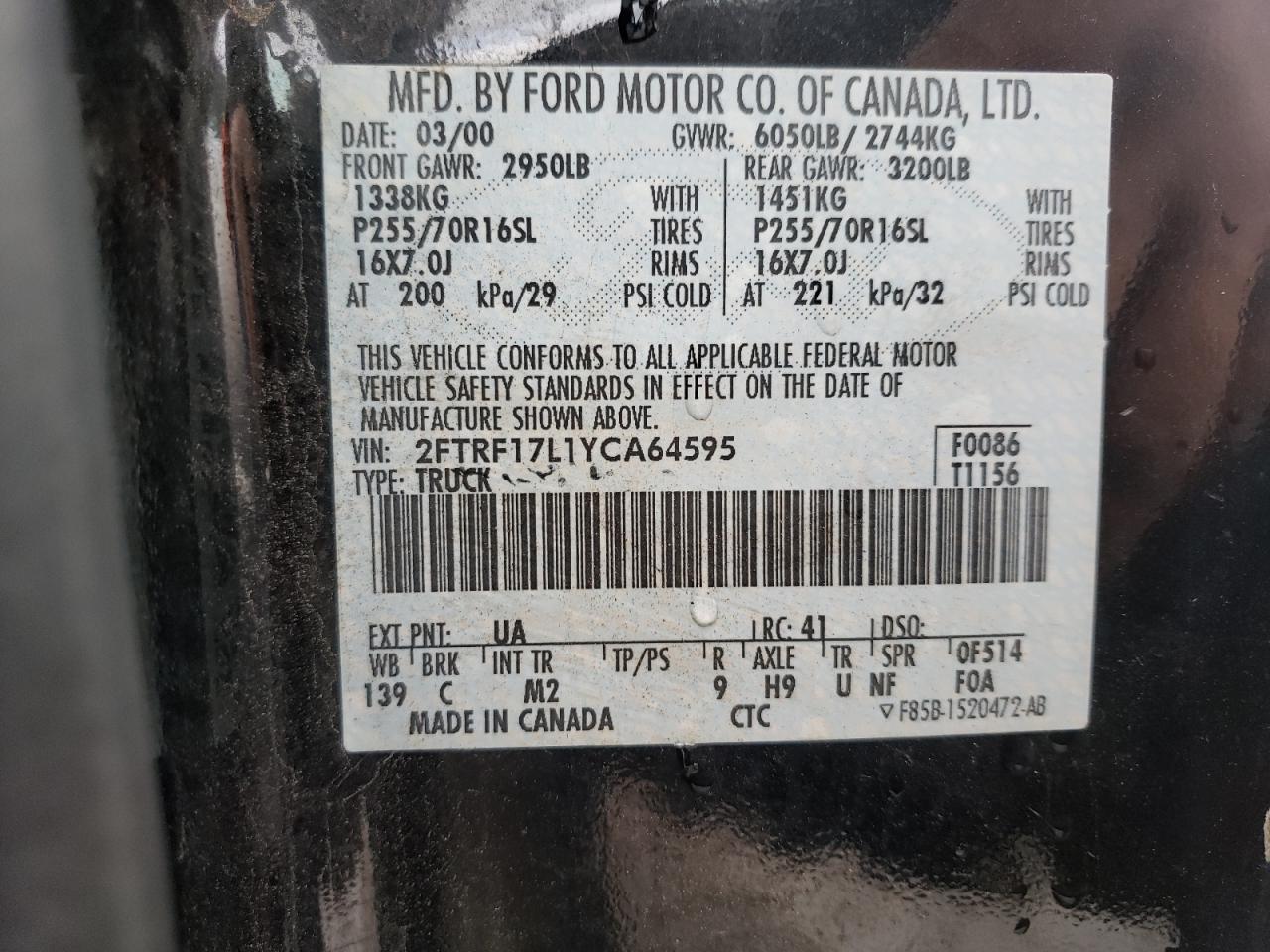 Photo 10 from auction – 2000 FORD F150 with VIN 2FTRF17L1YCA64595