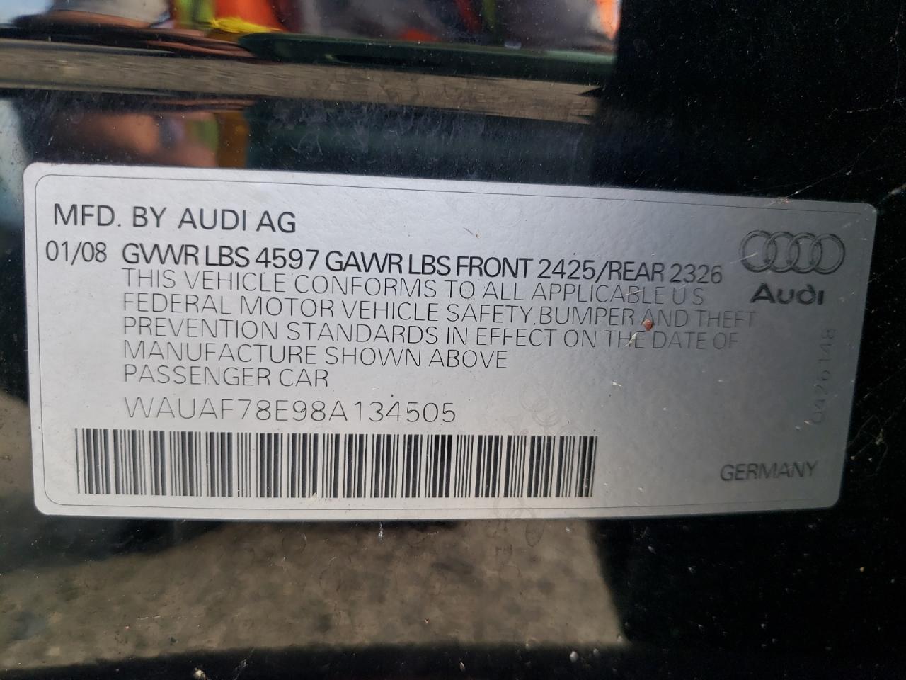 Photo 10 from auction – 2008 AUDI A4 2.0T with VIN WAUAF78E98A134505