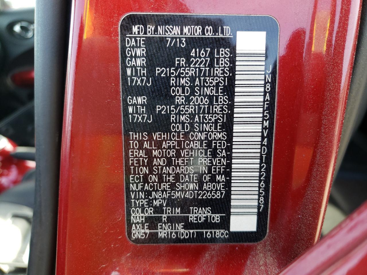 Photo 10 from auction – 2013 NISSAN JUKE S with VIN JN8AF5MV4DT226587