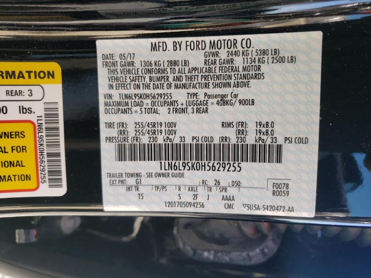 Photo 10 from auction – 2017 LINCOLN CONTINENTA with VIN 1LN6L9SK0H5629255
