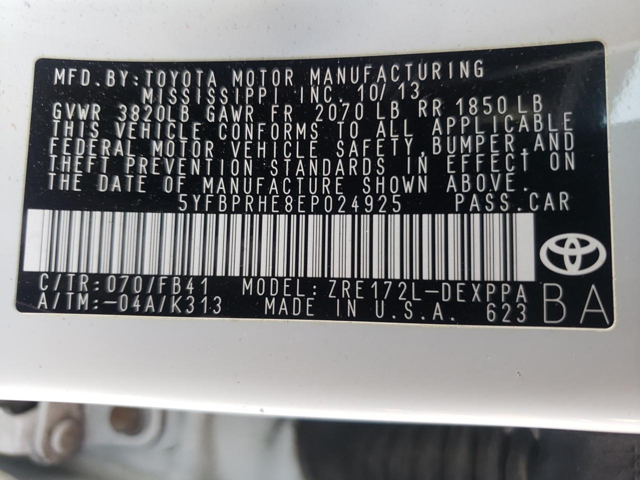 Photo 10 from auction – 2014 TOYOTA COROLLA EC with VIN 5YFBPRHE8EP024925