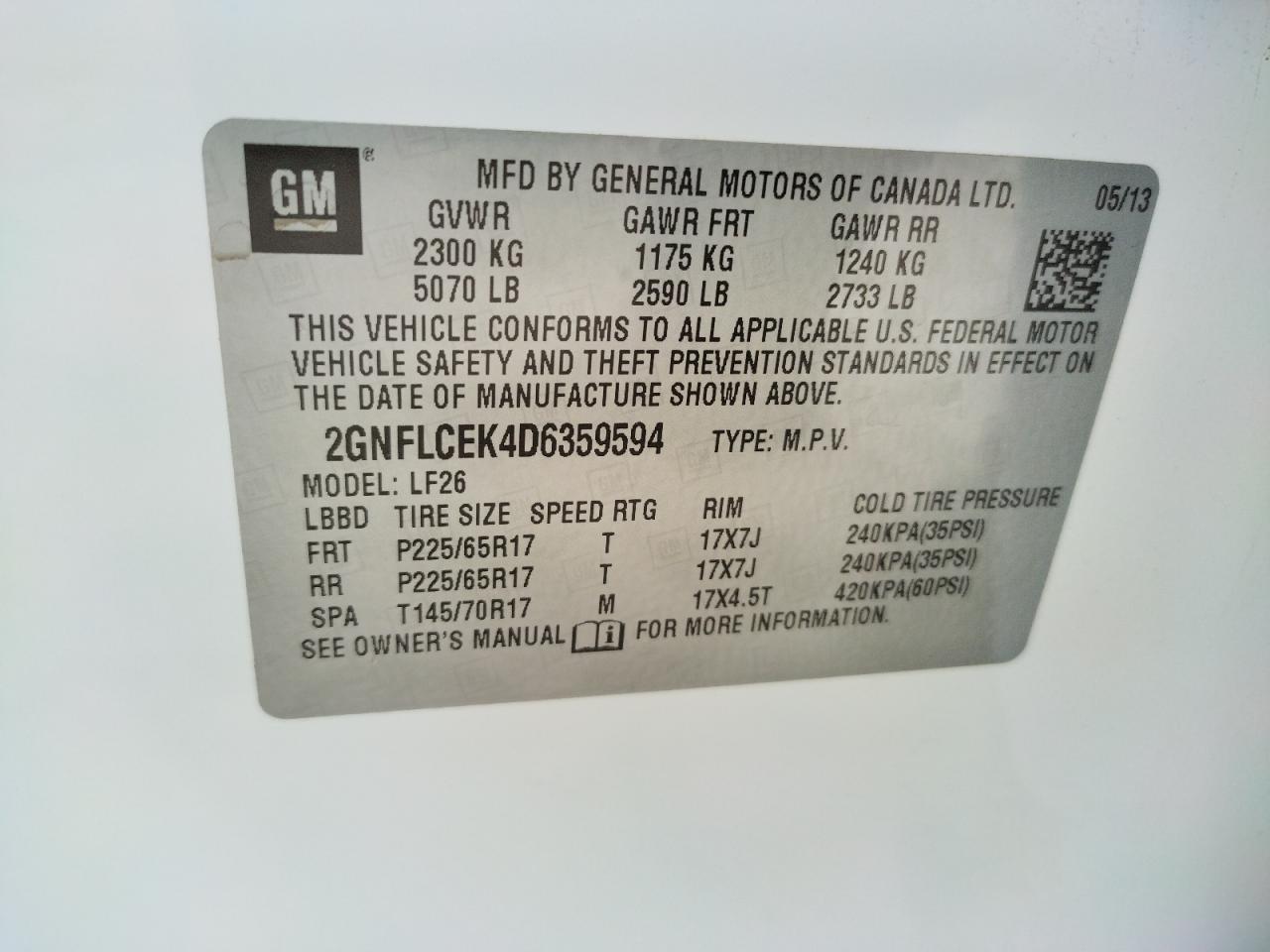 Photo 10 from auction – 2013 CHEVROLET EQUINOX LS with VIN 2GNFLCEK4D6359594