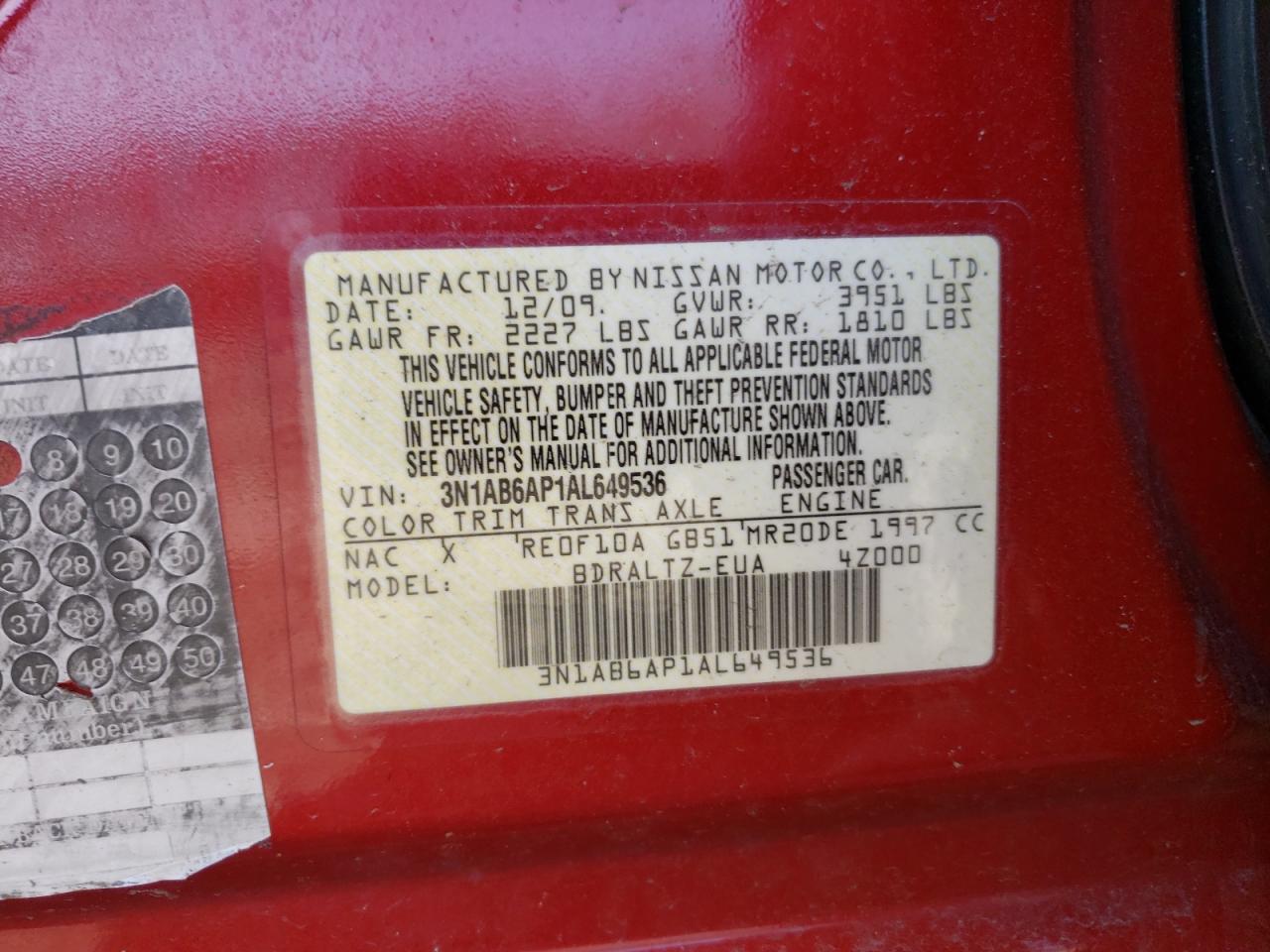 Photo 10 from auction – 2010 NISSAN SENTRA 2.0 with VIN 3N1AB6AP1AL649536