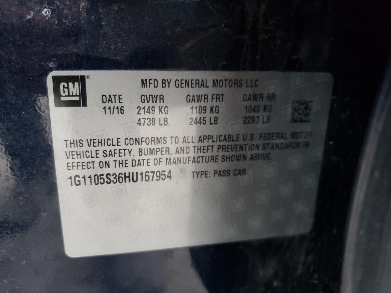 Photo 10 from auction – 2017 CHEVROLET IMPALA LT with VIN 1G1105S36HU167954