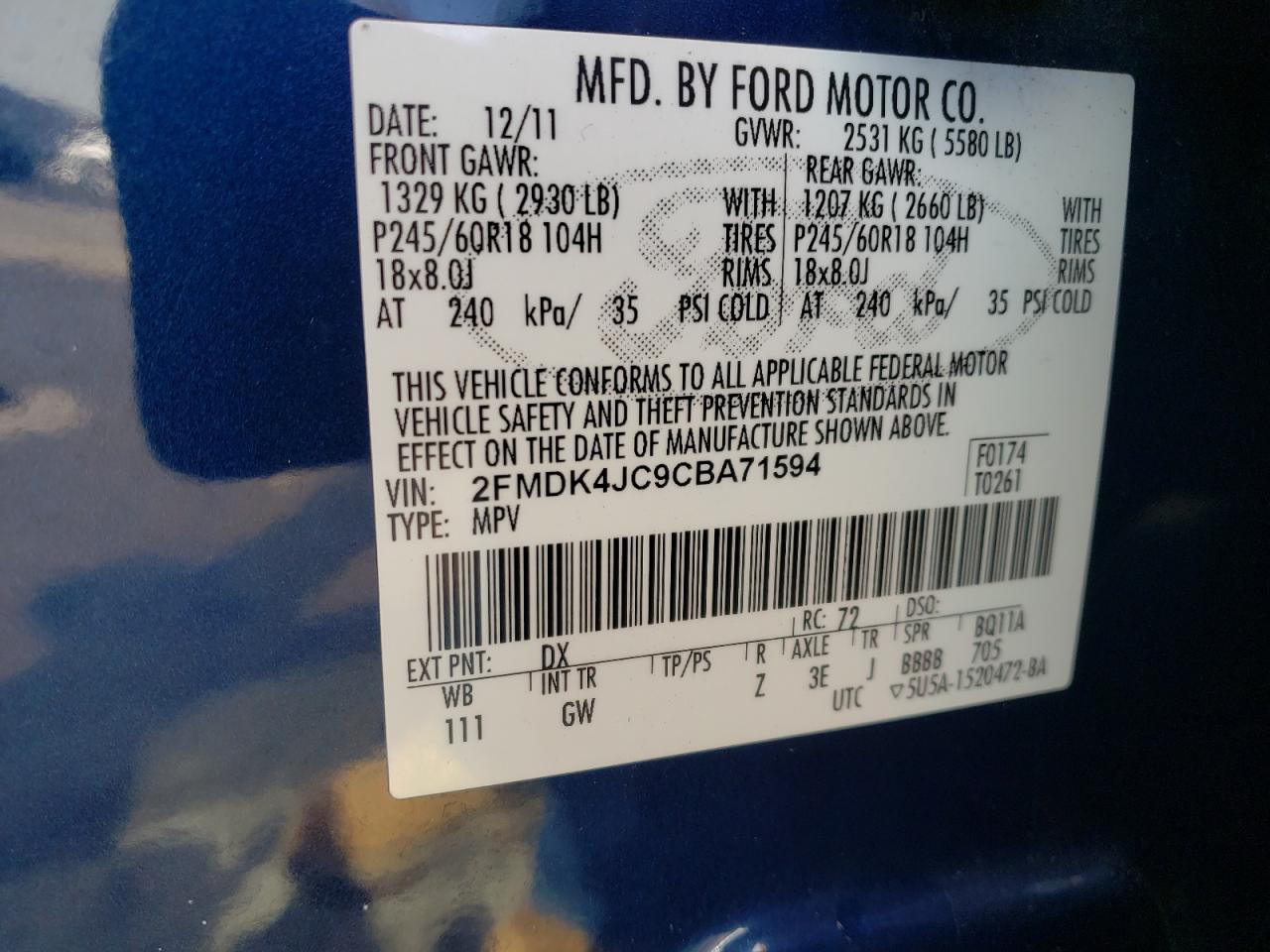 Photo 10 from auction – 2012 FORD EDGE SEL with VIN 2FMDK4JC9CBA71594