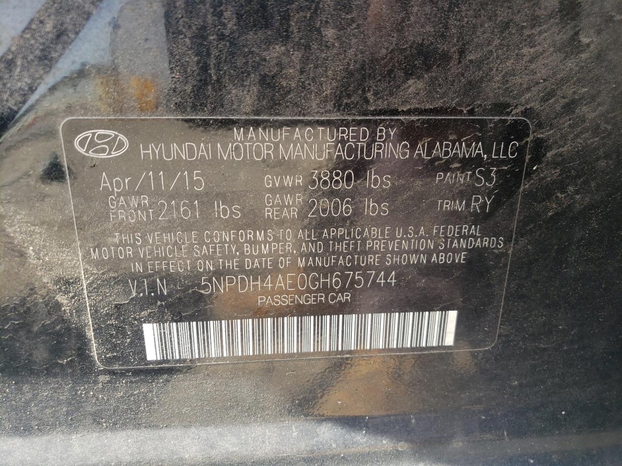 Photo 10 from auction – 2016 HYUNDAI ELANTRA SE with VIN 5NPDH4AE0GH675744
