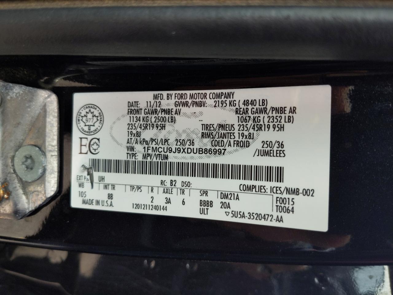 Photo 10 from auction – 2013 FORD ESCAPE TIT with VIN 1FMCU9J9XDUB86997