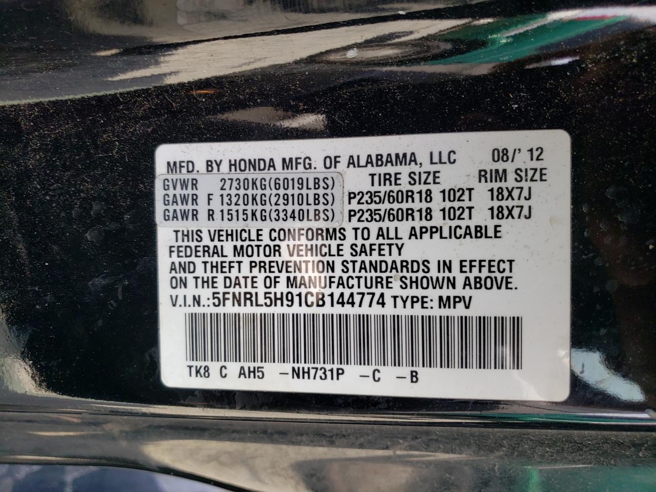 Photo 10 from auction – 2020 HONDA ODYSSEY TO with VIN 5FNRL5H91CB144774