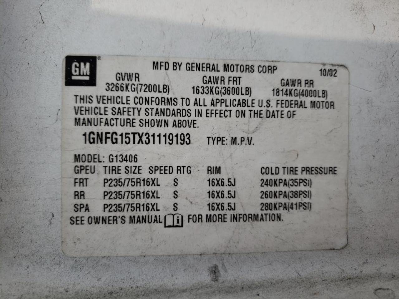 Photo 10 from auction – 2003 CHEVROLET EXPRESS G1 with VIN 1GNFG15TX31119193