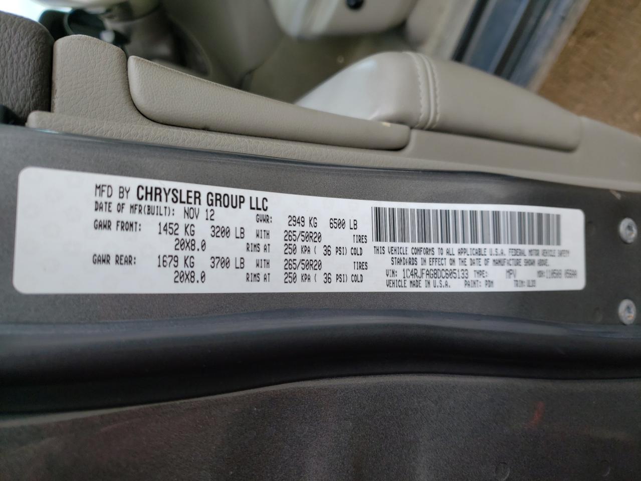 Photo 10 from auction – 2013 JEEP GRAND CHER with VIN 1C4RJFAG8DC605133