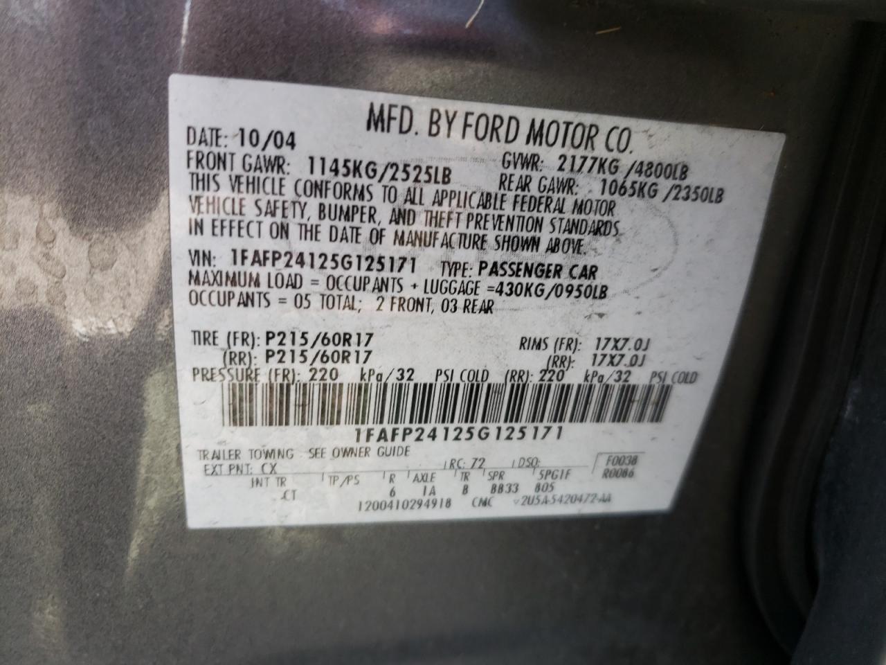 Photo 10 from auction – 2005 FORD FIVE HUNDR with VIN 1FAFP24125G125171