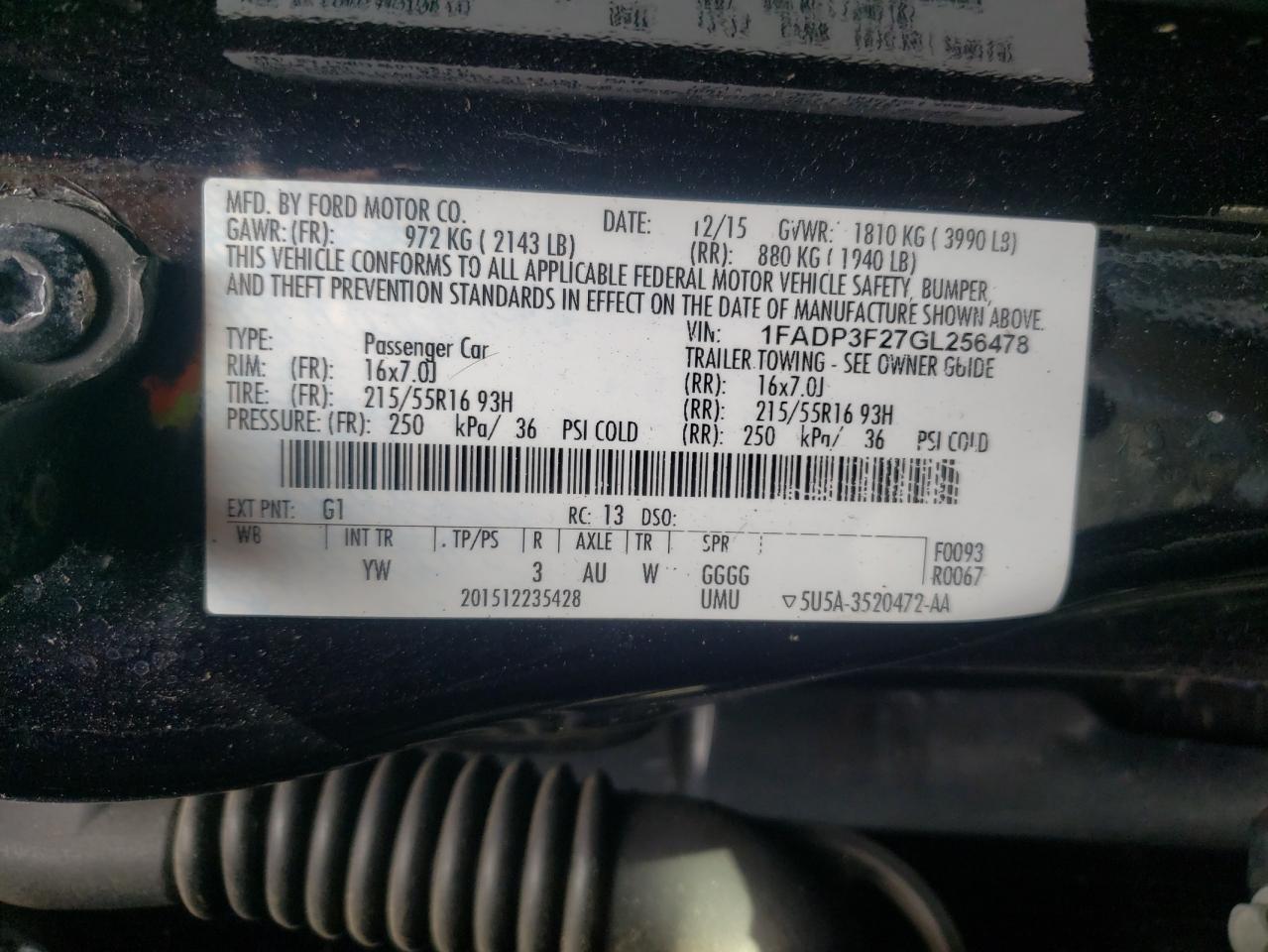 Photo 10 from auction – 2016 FORD FOCUS SE with VIN 1FADP3F27GL256478