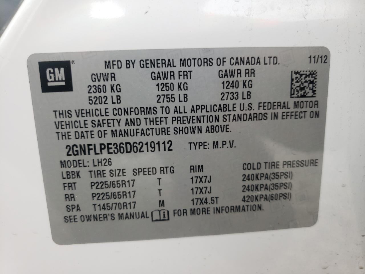 Photo 10 from auction – 2013 CHEVROLET EQUINOX LT with VIN 2GNFLPE36D6219112