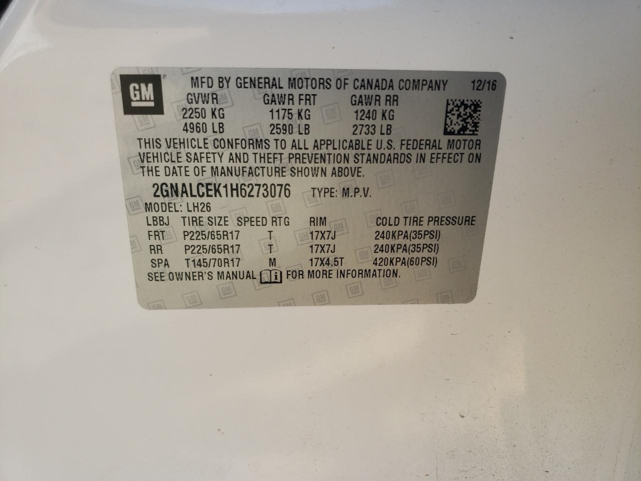 Photo 10 from auction – 2017 CHEVROLET EQUINOX LT with VIN 2GNALCEK1H6273076