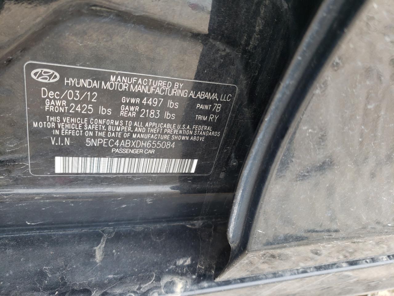 Photo 10 from auction – 2013 HYUNDAI SONATA SE with VIN 5NPEC4ABXDH655084