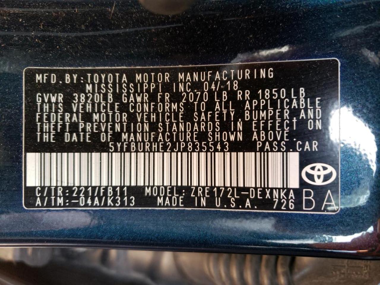 Photo 10 from auction – 2018 TOYOTA COROLLA L with VIN 5YFBURHE2JP835543