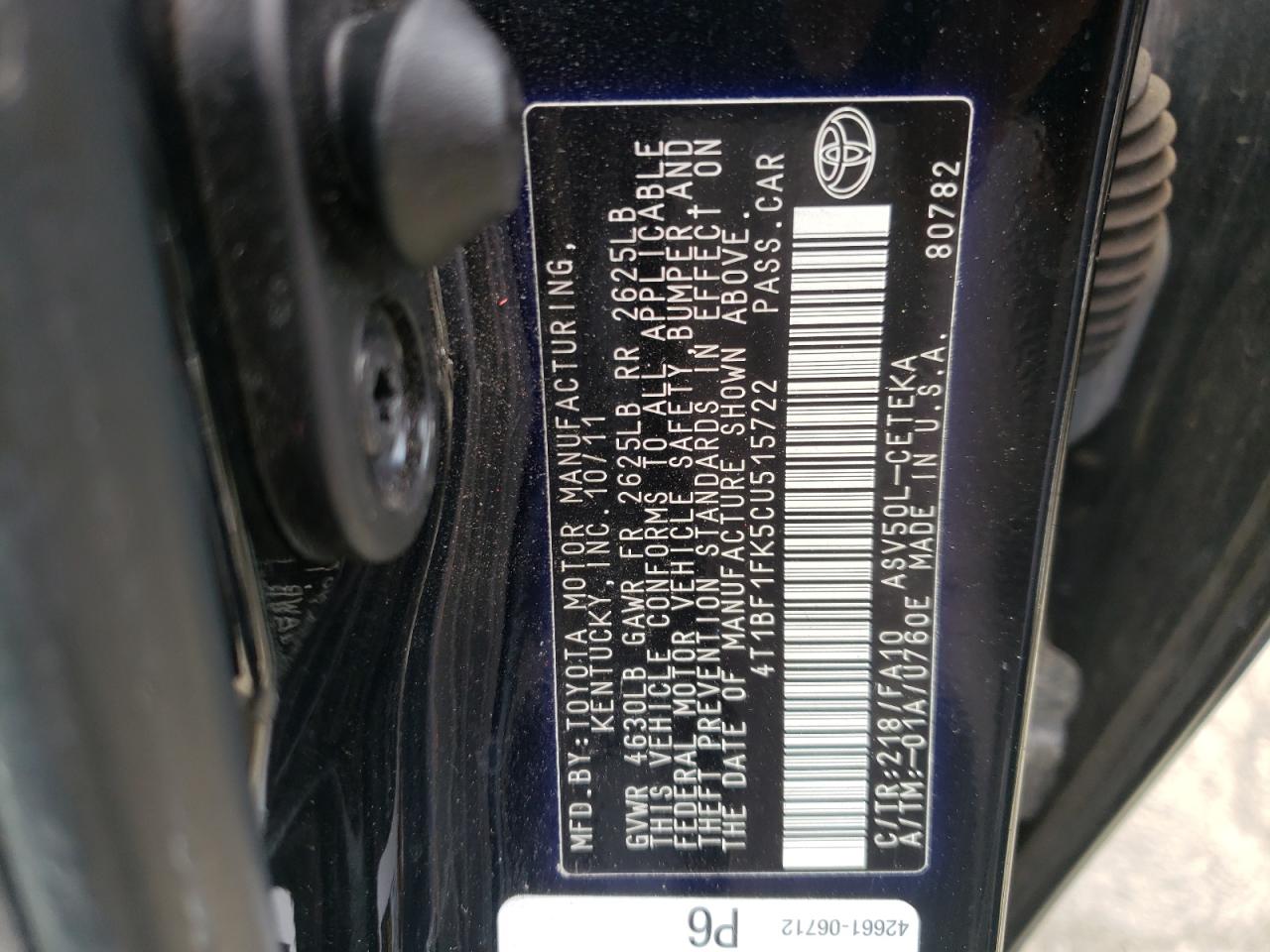 Photo 10 from auction – 2012 TOYOTA CAMRY BASE with VIN 4T1BF1FK5CU515722