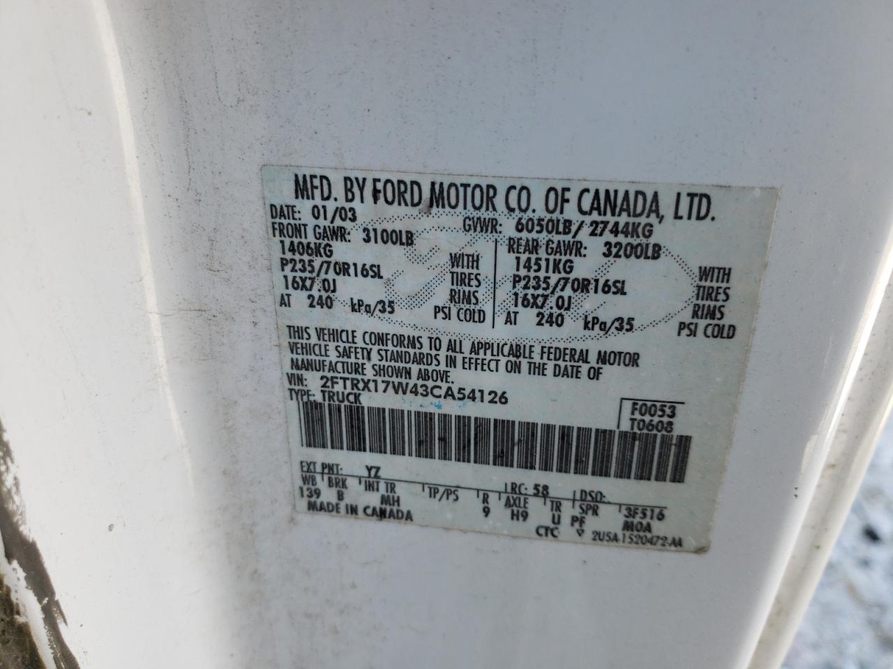 Photo 10 from auction – 2003 FORD F150 with VIN 2FTRX17W43CA54126
