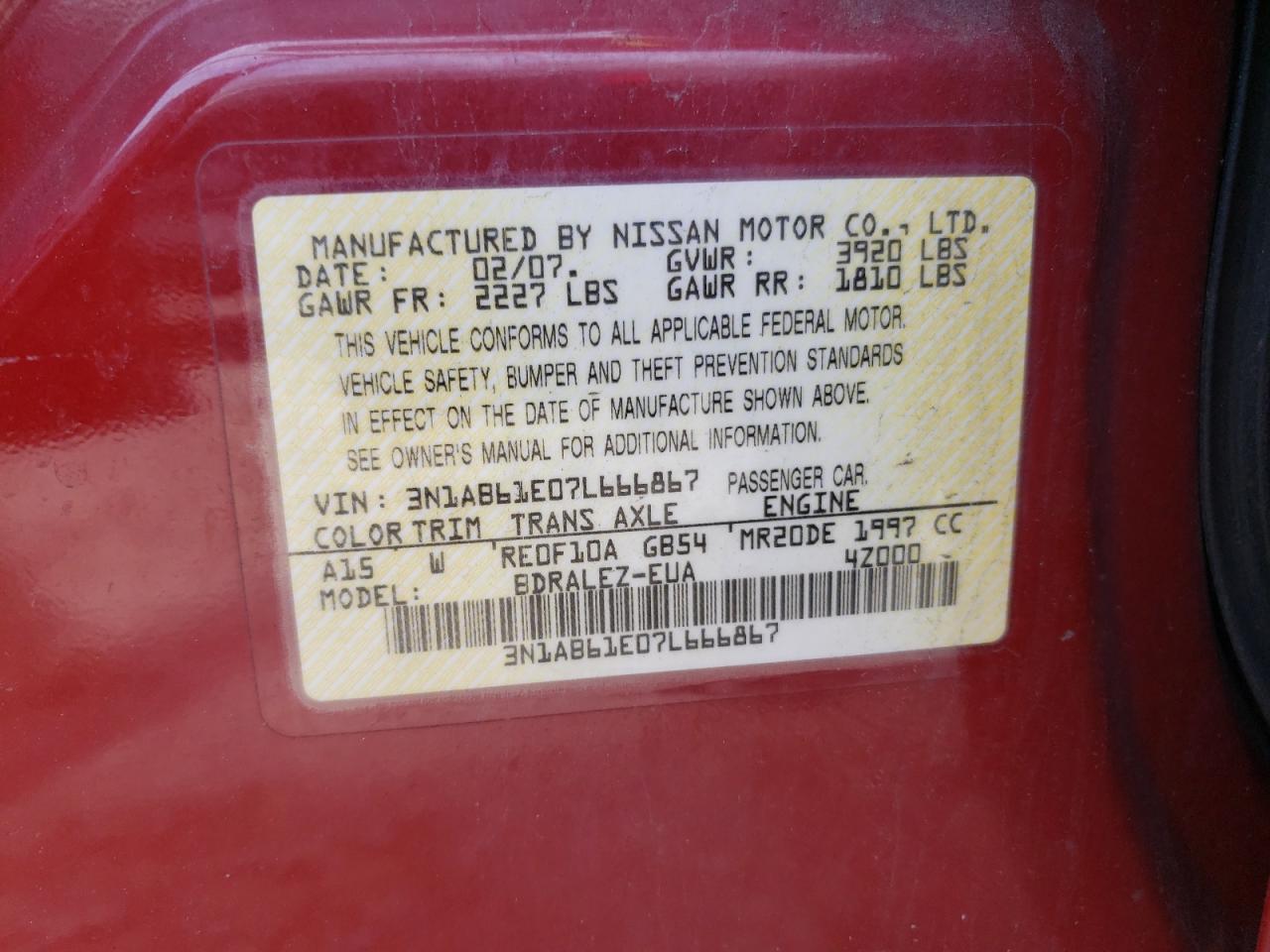 Photo 10 from auction – 2007 NISSAN SENTRA 2.0 with VIN 3N1AB61E07L666867